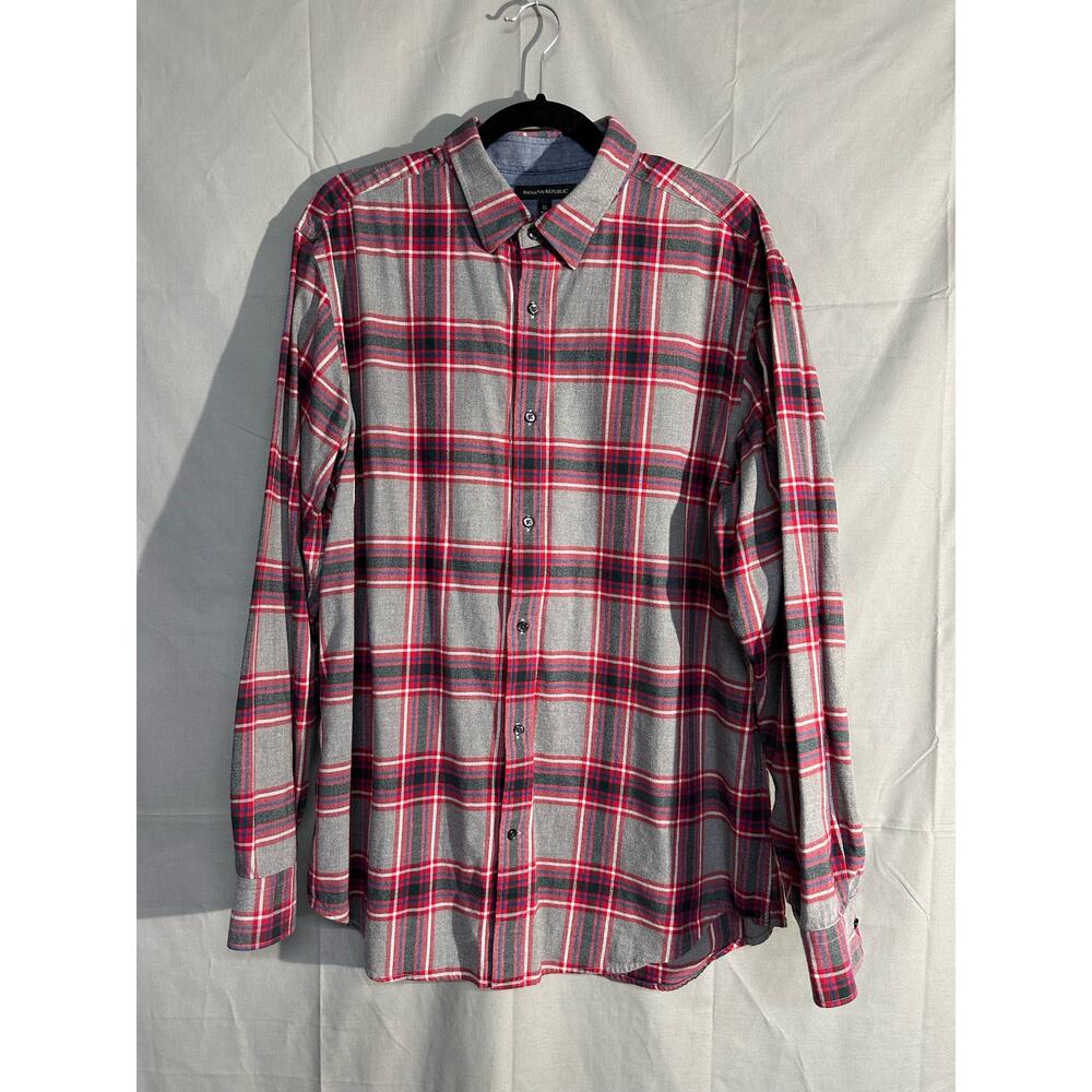 Banana Republic Shirt Mens XL Red Plaid Flannel Gray Button Cotton